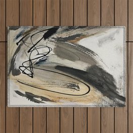 Drift [5]: a neutral abstract mixed media piece in black, white, gray, brown Outdoor Rug