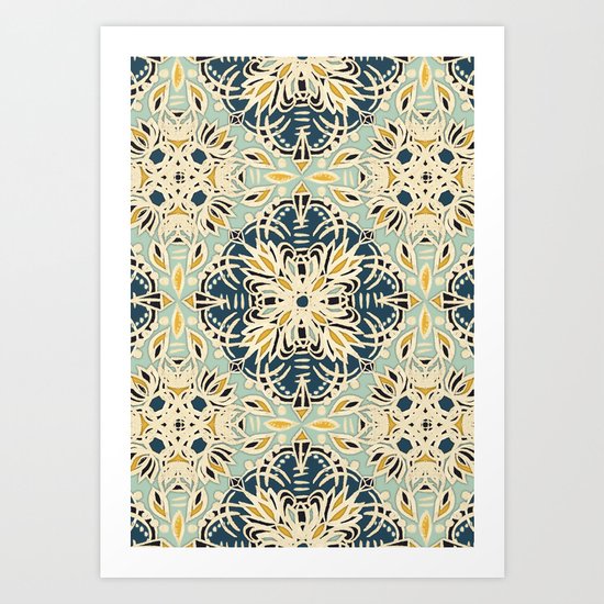 Protea Pattern in Deep Teal, Cream, Sage Green & Yellow Ochre Art Print