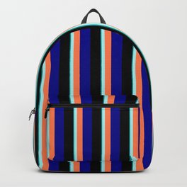 [ Thumbnail: Eye-catching Dark Cyan, Turquoise, Coral, Dark Blue, and Black Colored Striped Pattern Backpack ]