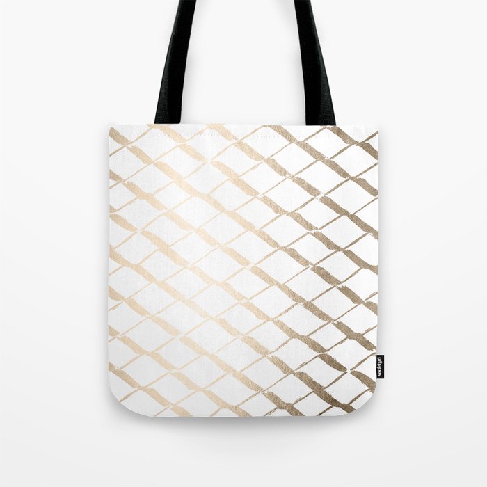 Luxe Gold Diamond Lattice Pattern on White Tote Bag