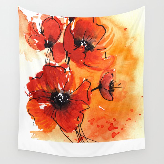 Red Poppy Flowers Watercolor Painting Wall Tapestry By