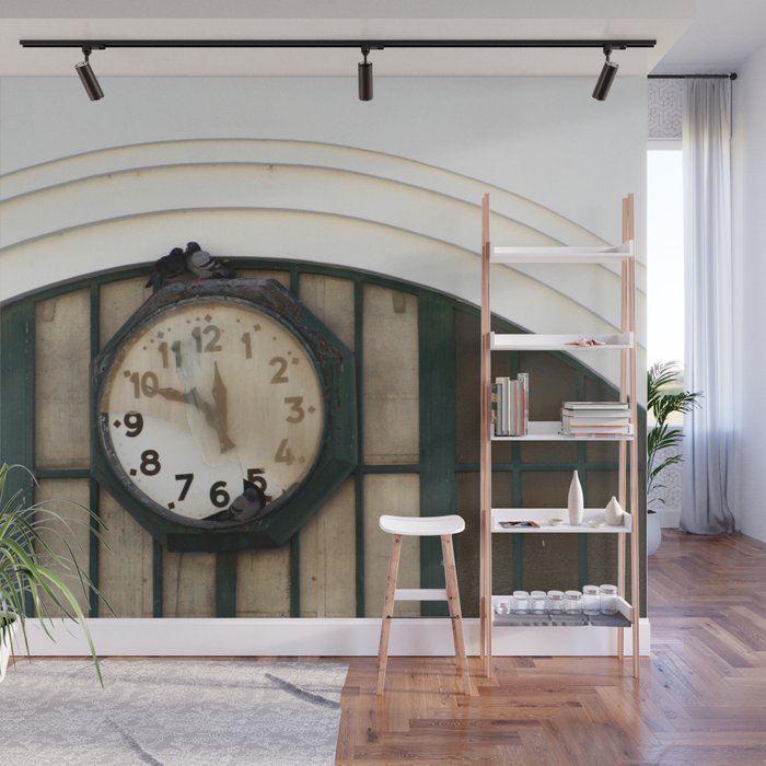 Vintage Station Clock with Birds Wall Mural