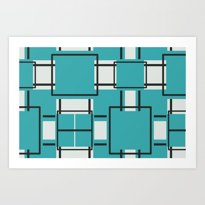 Aqua - Teal - Turquoise, Black and Off White Modern Square Mosaic Shape Pattern Art Print