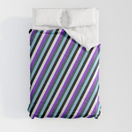 [ Thumbnail: Eye-catching Purple, Dark Slate Gray, Sky Blue, Black & Mint Cream Colored Lines/Stripes Pattern Comforter ]