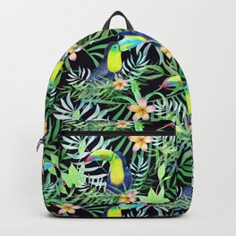 Toucan pattern on black Backpack | Jungle, Digital, Pattern, Blackback, Tropicalleaves, Summer, Funny, Watercolor, Toucan, Hawaiian 