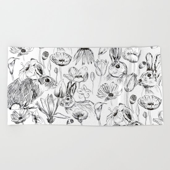 rabbits and flowers parties Beach Towel