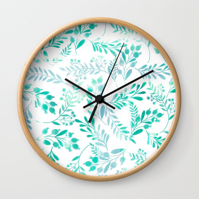 Teal turquoise blue white watercolor foliage Wall Clock