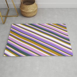 [ Thumbnail: Colorful Dark Goldenrod, White, Plum, Purple & Dark Slate Gray Colored Lines/Stripes Pattern Rug ]