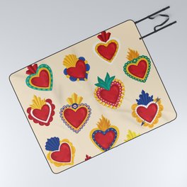 Mexican Sacred Hearts Pattern / Beige Background by Akbaly Picnic Blanket