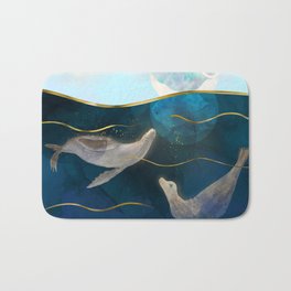 Sea Lions Playing with the Moon - Underwater Dreams Bath Mat | Climatechange, Watercolor, Water, Navy, Painting, Nature, Ocean, Joyful, Digital, Playful 