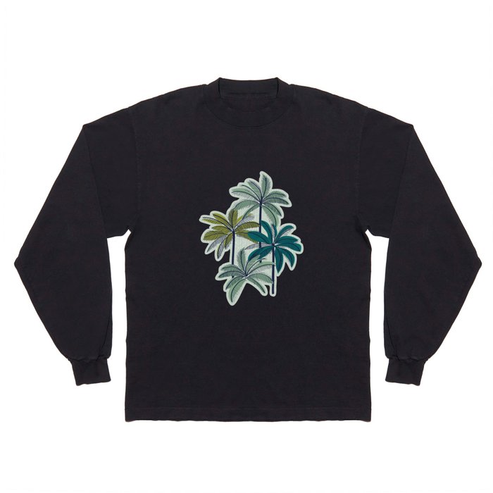 Retro Palm Springs vibes // sea mist green background highball pine and grey green palm trees oxford navy blue lines Long Sleeve T Shirt
