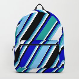 [ Thumbnail: Vibrant Blue, Light Sea Green, Light Sky Blue, White & Black Colored Lines/Stripes Pattern Backpack ]