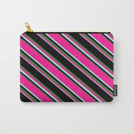 [ Thumbnail: Black, Forest Green, Deep Pink & Turquoise Colored Lined Pattern Carry-All Pouch ]