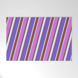 [ Thumbnail: Orchid, Brown, Slate Blue, and Light Cyan Colored Stripes Pattern Welcome Mat ]
