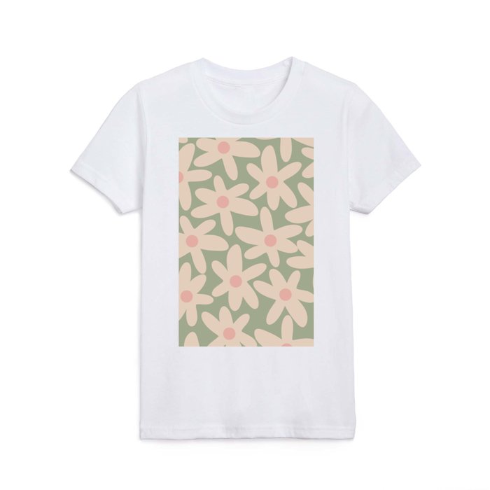 Daisy Time Retro Floral Pattern in Sage Green and Pale Blush Pink Kids T Shirt