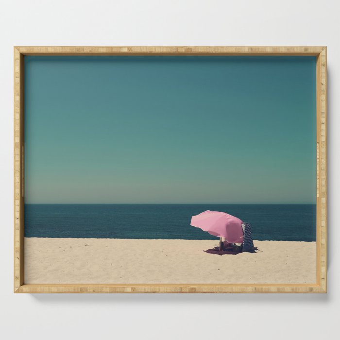 Beach print - Minimal Landscape - Pink Umbrella - Ocean - Sea - Travel photography Serving Tray