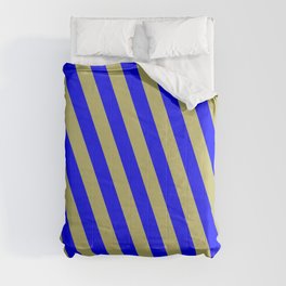 [ Thumbnail: Dark Khaki and Blue Colored Pattern of Stripes Comforter ]