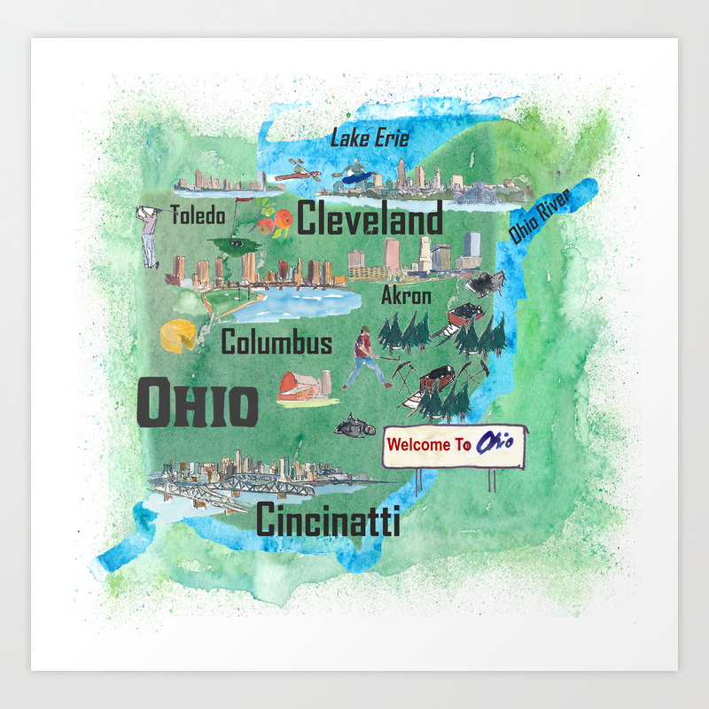 Usa Ohio State Illustrated Travel Poster Map With Touristic Highlights Art Print