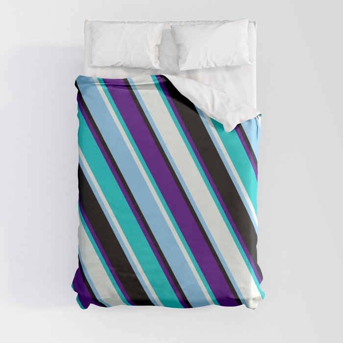 Vibrant Indigo, Dark Turquoise, Mint Cream, Light Sky Blue, and Black Colored Lined/Striped Pattern Duvet Cover