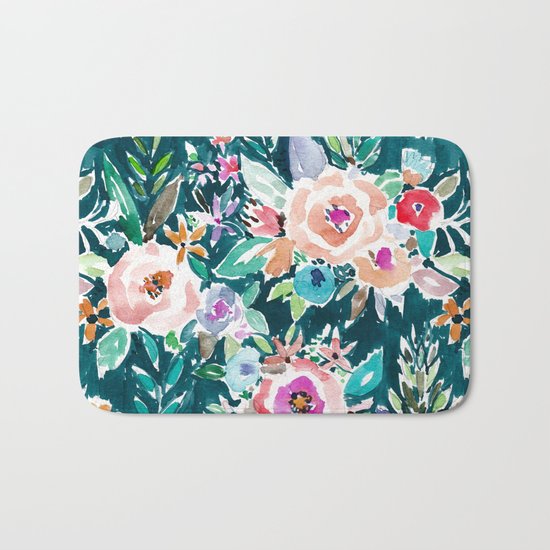 EFFUSIVE FLORAL Dark & Colorful Boho Pattern Bath Mat