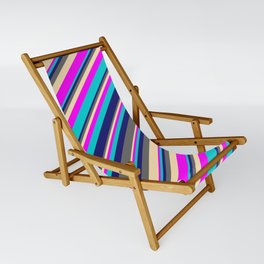 [ Thumbnail: Midnight Blue, Dim Gray, Beige, Fuchsia, and Dark Turquoise Colored Lines/Stripes Pattern Sling Chair ]