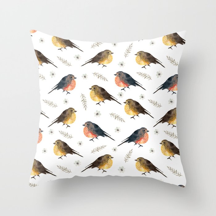 Cute red brown hand painted robin Christmas bird floral Throw Pillow