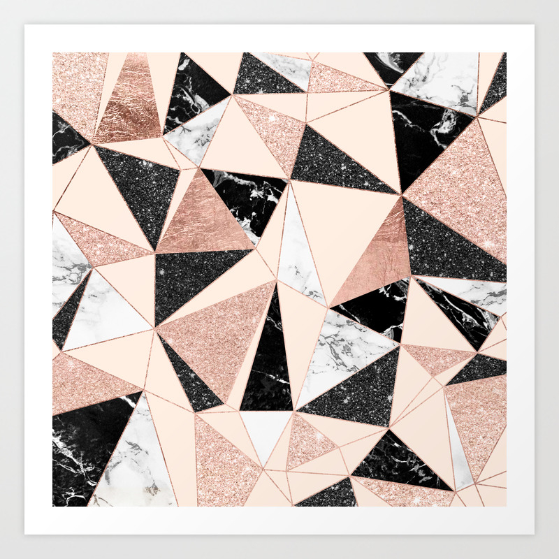 Modern Black White Marble Rose Gold Glitter Foil Geometric