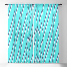 [ Thumbnail: Aqua, Midnight Blue, and White Colored Stripes Pattern Sheer Curtain ]