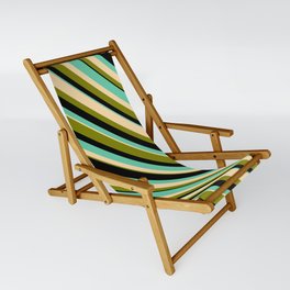 [ Thumbnail: Aquamarine, Tan, Green, and Black Colored Striped Pattern Sling Chair ]
