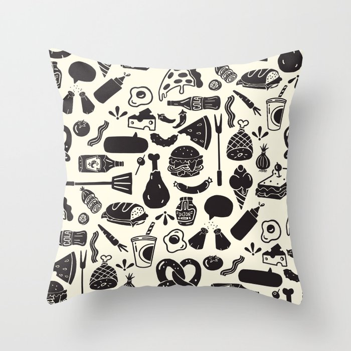 Cute & Fun Retro Black & White Diner Food Pattern Throw Pillow