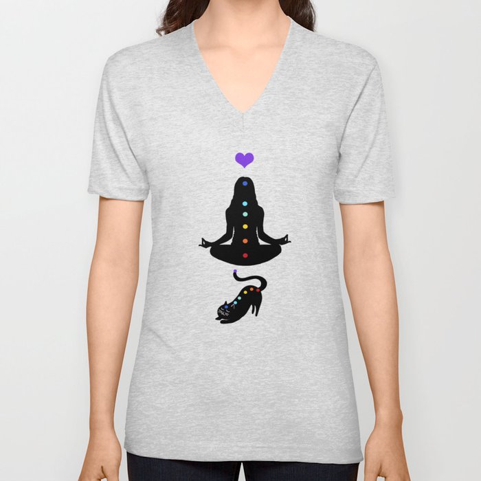 Yoga lady cat V Neck T Shirt