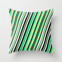 [ Thumbnail: Vibrant Green, Tan, Dark Slate Gray, White, and Black Colored Striped/Lined Pattern Throw Pillow ]