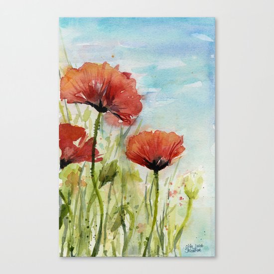 Red Flowers Watercolor Landscape Poppies Poppy Field Canvas Print