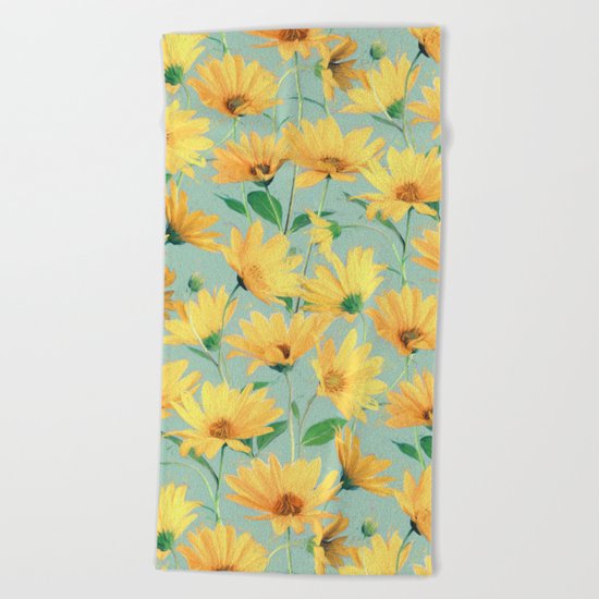 Painted Golden Yellow Daisies on soft sage green Beach Towel