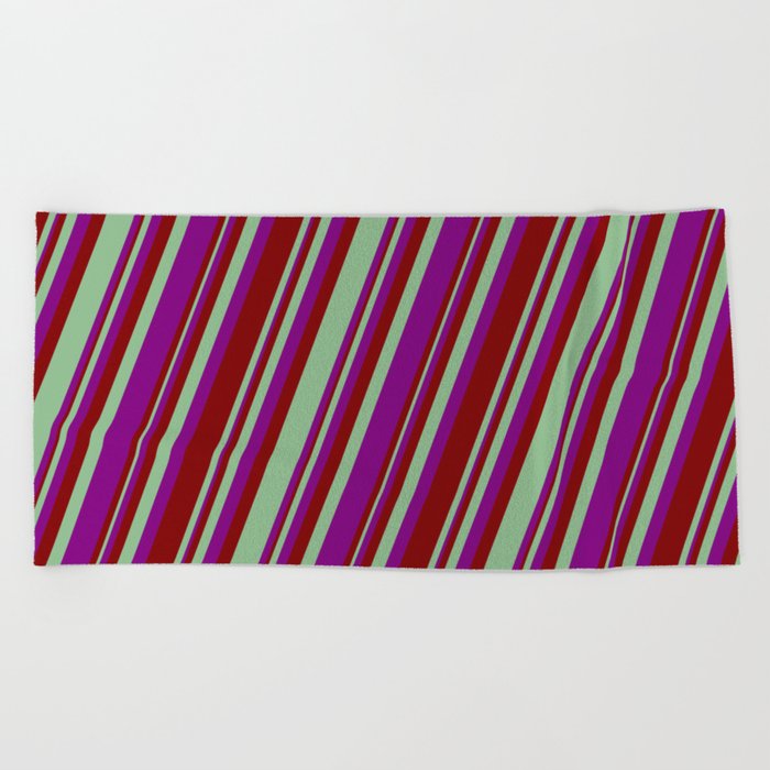 Dark Sea Green, Purple, and Maroon Colored Striped/Lined Pattern Beach Towel