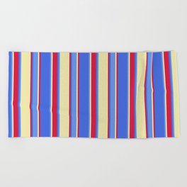 [ Thumbnail: Pale Goldenrod, Cornflower Blue, Royal Blue & Crimson Colored Striped/Lined Pattern Beach Towel ]