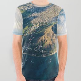 Diamond Head crater volcano; Island of Oahu, Waikiki, Hawaii aerial coastal color Pacific Ocean landscape photograph / photography All Over Graphic Tee