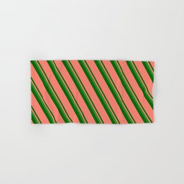 [ Thumbnail: Forest Green, Dark Green & Salmon Colored Stripes Pattern Hand & Bath Towel ]