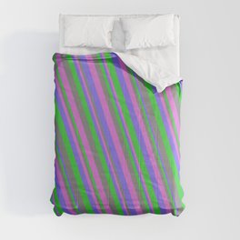 [ Thumbnail: Medium Slate Blue, Lime Green, Gray, and Orchid Colored Lined Pattern Comforter ]