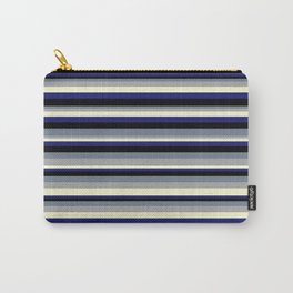 [ Thumbnail: Colorful Slate Gray, Dark Gray, Light Yellow, Midnight Blue, and Black Colored Lined/Striped Pattern Carry-All Pouch ]