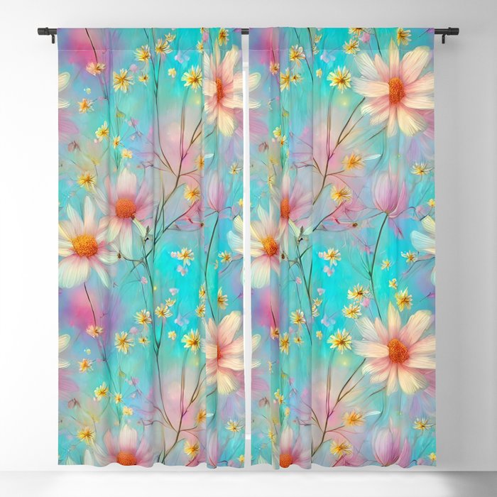 Turquoise Wildflower Floral Blackout Curtain
