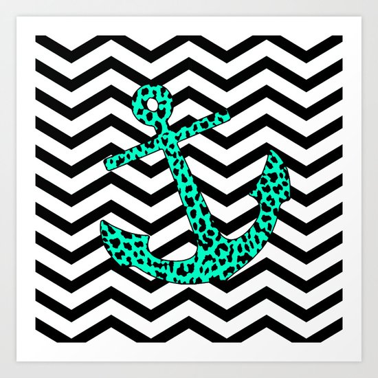 Mint Leopard Chevron Anchor Art Print