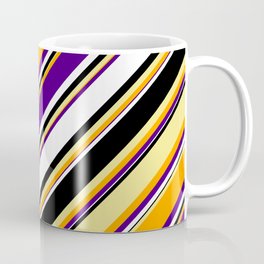 [ Thumbnail: Vibrant Tan, Orange, Indigo, White, and Black Colored Lines/Stripes Pattern Coffee Mug ]