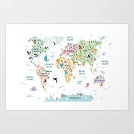 Nursery Animal World Map in Pastels Art Print