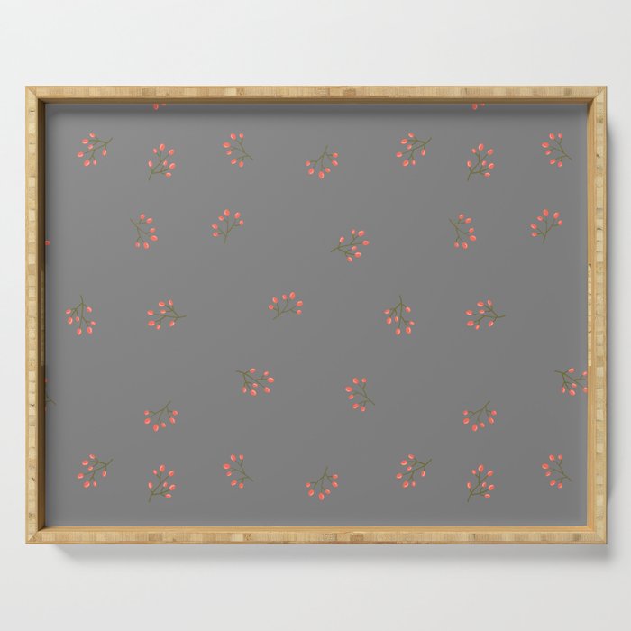 Branches With Red Berries Seamless Pattern on Grey Background Serving Tray