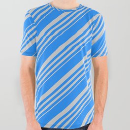 [ Thumbnail: Blue and Light Gray Colored Lines Pattern All Over Graphic Tee ]