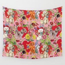 Pets celebrate Valentine's Day - Animal & Floral Pattern - Pink Wall Tapestry