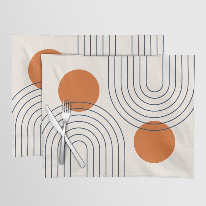 Mid Century Modern Geometric 88 in Navy Blue and Orange (Rainbow and Sun Abstraction) Placemat