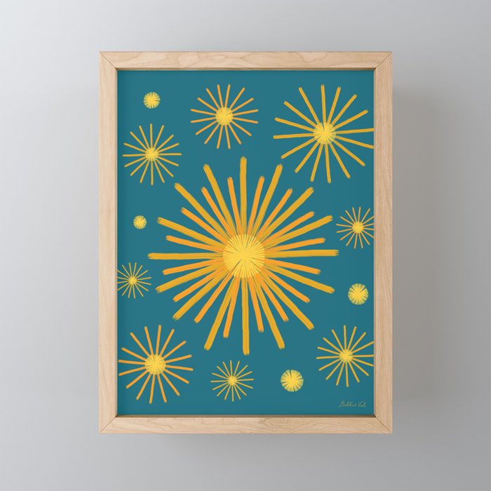 Abstract Hand-painted Golden Fireworks, Vintage Festive Pattern with Beautiful Acrylic Texture, Gold and Blue Teal Color Framed Mini Art Print