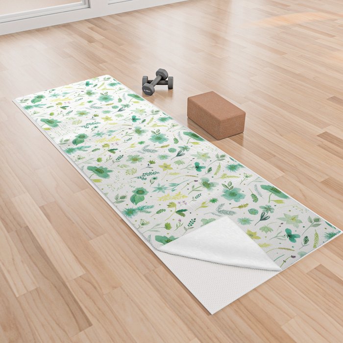 Verdant Green Flowers Yoga Towel